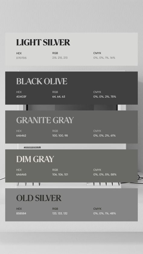 Colors:
D7D7D5
40403F
646462
6A6A65
858584 Grey Color Schemes, Dorm Colors, Silver Color Palette, White Color Palette, Colour Codes, Hex Color Palette, Color Schemes Colour Palettes, Best Of Luck, Grey Color Palette