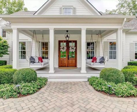 Double Wood Front Doors, Shiplap Entryway, Big Front Porches, Brick Porch, Double Door Entrance, White Porch, Porch Styles, Farmhouse Entryway, Double Front Doors