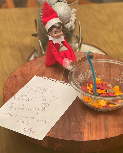 Fishing for gold fish Toilet In Bathroom, Elf On The Shelf Fishing, Elf Fishing, Christmas Elf Costume, Shelves Decor, Shelf Inspiration, Elf On A Shelf, Swedish Fish, Christmas Tale