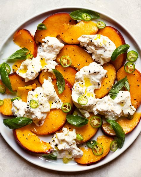 Salad With Burrata, Burrata Recipe, Pepper Salad, Serrano Pepper, Kinds Of Salad, Menu Ideas, Sweet Summer, Food 52, Vegetarian Dishes