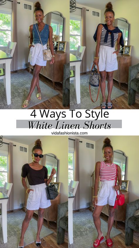 4 Ways To Style White Linen Shorts White Linen Shorts Outfit, Linen Shorts Outfit, Grandmother Aesthetic, White Linen Shorts, White Shorts Outfit, Classic Clothing, Bump Style, Shorts Outfit, Travel Workout