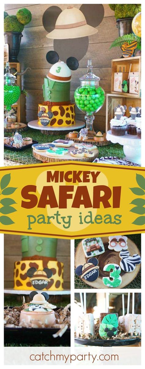 Make sure you see this awesome Mickey Safari birthday party! The birthday is so cool!! See more party ideas and share yours at CatchMyParty.com Disney Animal Kingdom Birthday Party, Mickey Safari Birthday, Mickey Mouse Party Ideas, Birthday Cake Boys, Diy Mickey Mouse, Mickey First Birthday, Boys Diy, Baby Shower Safari Theme, Jungle Safari Party