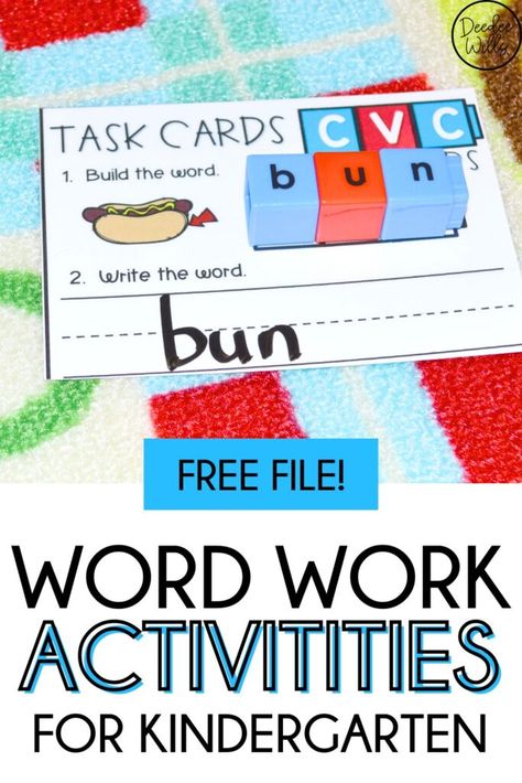 10 Simple Word Work Kindergarten Activities, perfect for any classroom. These fun straightforward, easy-to-implement activities are perfect for your word work centers with engaging phonics activities. Phonics centers that integrate word work seamlessly into your daily routine, this post has you covered. Ideal for teachers looking for more literacy ideas that will last all year. Visit our blog to grab a free file activity for your word work in kindergarten. Site Word Activities Kindergarten, Word Work Centers Kindergarten, Word Work Kindergarten Center Ideas, Word Work Centers First Grade, Easy Word Work Centers, Kindergarten Curriculum Map, Writing Mentor Texts, First Grade Curriculum, Word Work Kindergarten