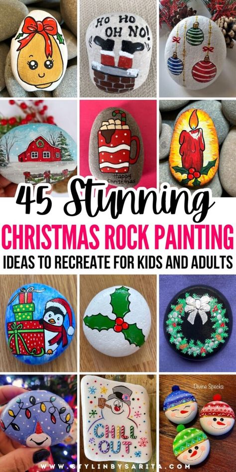 45 FESTIVE DIY CHRISTMAS ROCK PAINTING IDEAS - Stylin by Sarita Painting Rocks Christmas Ideas, Rock Painting Ideas For Christmas, Christmas Stone Art, Small Christmas Crafts To Make, Painted Christmas Rocks Ideas, Christmas Painted Stones, Easy Christmas Painted Rocks, Winter Painted Rocks, Rock Painting Ideas Christmas