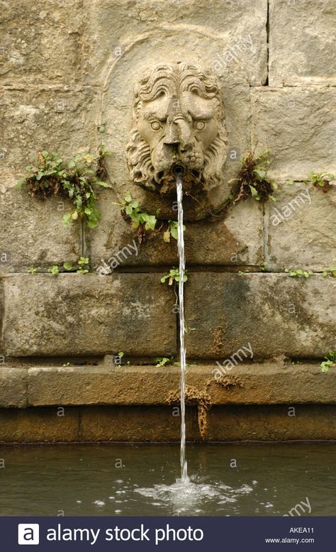 Lion head fountain with water flowing into a pond in Chianti, Tuscany Italy Stock Photo Fountain Head, Garden Sink, Italy Images, Lions Head, Toscana Italia, Water Spout, Under The Tuscan Sun, Small Fountains, Wall Fountain