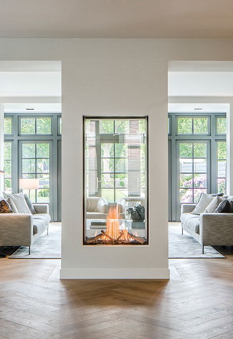 Direct Vent Gas Fireplace, Direct Vent Fireplace, Two Sided Fireplace, Diy Outdoor Fireplace, Beautiful Modern Homes, Double Sided Fireplace, European Home, Casa Patio, Contemporary Fireplace