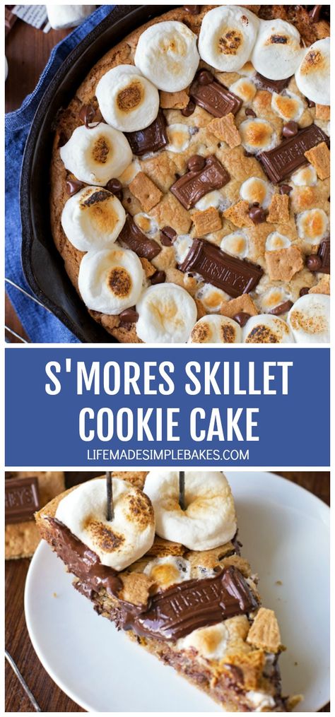 You won't be able to resist this ooey gooey s'mores skillet cookie cake! Its loaded with crisp graham crackers, melty chocolate, and toasty marshmallows. #smoresskilletcookiecake #cookiecake #smorescookie #skilletcookie Skillet Cookie Cake, Smores Cookie, Summertime Food, Skillet Cookies, Graham Cookies, Life Made Simple, Night Recipes, Cookie Cakes, Skillet Cookie