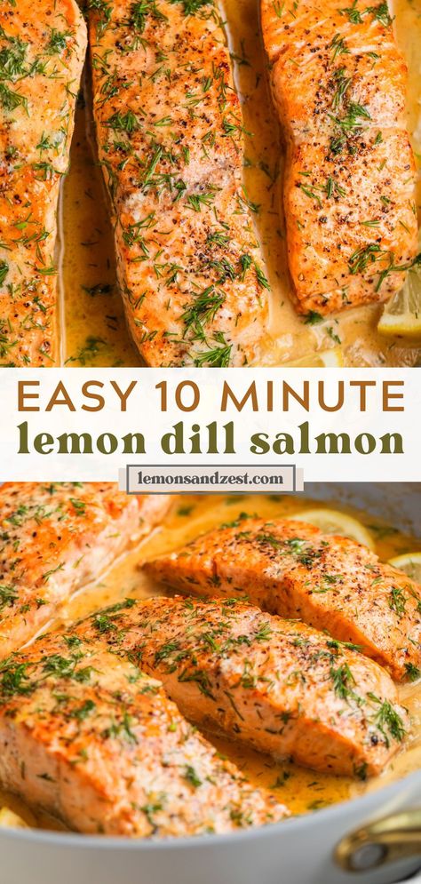 This simple pan seared Lemon Dill Salmon recipe is the perfect weeknight dinner that whips up in no time! Only a couple minutes to prep, simple crisp and golden seared fish in a buttery lemon dill sauce that will pair well your favorite side dishes for a complete meal! Salmon Recipes With Sides, Healthy Sides For Salmon, Cheap Fish Recipes, Salmon Meal Recipes, Sides For Salmon, Lemon Herb Salmon, Dill Salmon Recipes, Lemon Dill Salmon, Lemon Dill Sauce