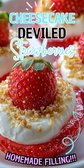 Cheesecake Deviled Strawberries Recipe Easy Cheesecake Deviled Strawberries, Deviled Cheesecake Strawberries, Cheesecake Deviled Strawberries Recipe, Deviled Strawberry Cheesecake, Strawberry Deviled Eggs, Cheesecake Deviled Strawberries, Philadelphia No Bake Cheesecake Filling, Deviled Strawberries Recipe, Mini Birthday Cakes