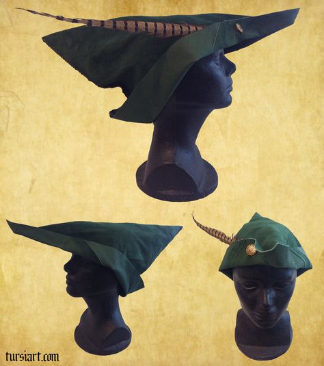 Medieval Woodsman Robin Hood style hat 2 by tursiart.deviantart.com on @deviantART Woodsman Style, Robin Hood Hat, Medieval Archer, Robin Hood Costume, Medieval Hats, Fantasy Story Ideas, Larp Costume, Male Cosplay, Medieval Costume