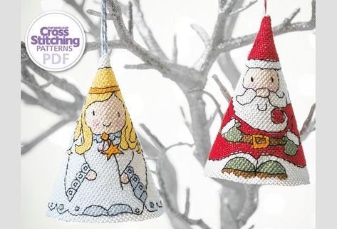 Make a jolly Santa and a pretty angel into cute tree ornaments, designed by Durene Jones – they’re so easy to make! Get a set of two patterns with making-up instructions for creating your perfect cone decorations. They work best stitched on plastic canvas, plastic aida or perforated paper. Ornaments Cross Stitch, Durene Jones, Christmas Cross Stitch Patterns Free, Santa Cross Stitch, 3d Christmas Tree, Cone Christmas Trees, Perforated Paper, Plastic Canvas Christmas, Plastic Canvas Patterns Free