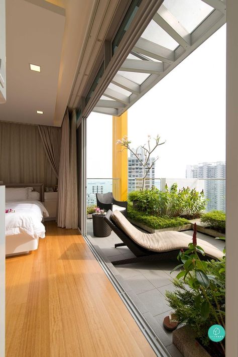 9 Easy, Breezy Ideas Your Boring Balcony Needs | Qanvast Living Balcony Ideas, Balcony Attached To Bedroom, Room With Balcony Bedrooms, Recessed Balcony, Balcony Renovation, Modern Balcony Design, Balcony Floor, Bedroom With Balcony, Indoor Balcony