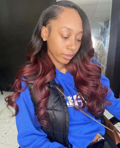 Black And Red Sew In Weave, Burgundy Ombré Hair, Ombre Hair Black Women, Cosmetology Business, Hair Cosmetology, Weave Ideas, Burgundy Weave, Sew In Hairstyles, Feed In Braids Hairstyles