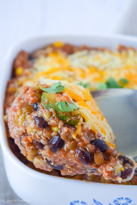 This Cheesy Lentil & Quinoa Enchilada Bake is a dump it and leave it kind of meal! Enjoy it as is, scoop it up with chips, or layer over a sheet of tortilla chips for some killer vegetarian nachos. #vegetariandinner #easydinnerrecipe Quinoa Lasagna Bake, Lentil Enchiladas, Sweet Potato Black Bean Enchilada Bake, Quinoa Enchilada Casserole, Quinoa Enchilada Bake, Black Bean Quinoa Enchilada Bake, Quinoa Enchilada, Simplified Life, Lentil Quinoa