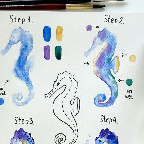 Watercolor Sea Animals Tutorial, How To Paint A Seahorse, Seahorse Watercolor Painting, Watercolor Art Sea Animals, Under The Sea Watercolor Painting, Watercolour Seahorse, Watercolor Paintings Step By Step, Watercolor Doodles Easy, Watercolor Steps