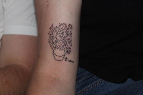 Van Gogh Flowers Tattoo, Pottery Tattoo Ideas, Van Gogh Sunflower Tattoo, Pottery Tattoo, Van Gogh Tattoo, Van Gogh Flowers, Tattoo Van, Tattoo Appointment, Tattoo Themes