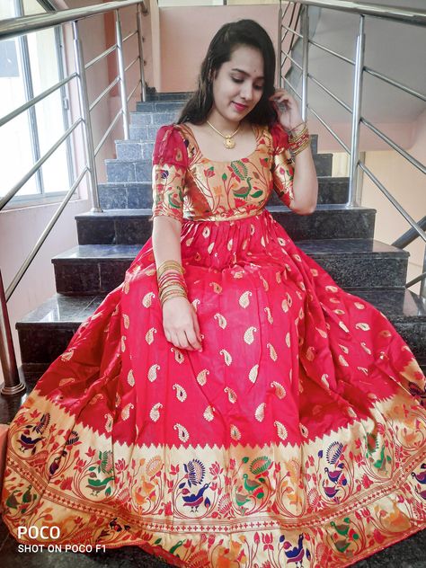 Exquisite pattu frock customised using a Paithani saree. Paithani Long Frocks, Paithani Saree Dress Recycle, Pattu Saree Long Frocks Designs, Long Frock Designs For Women, Pattu Frocks, Long Frock Models, Paithani Lehenga, Frock Designs For Women, Baby Lehenga