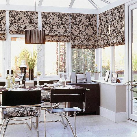 This sophisticated conservatory has been achieved with glossy metal furniture teamed with black chairs and eye catching cushions. Conservatory Curtain Ideas, Conservatory Window Dressing Ideas, Conservatory Blinds Ideas, Conservatory Curtains, Conservatory Interiors, Modern Conservatory, Conservatory Interior, Conservatory Decor, Conservatory Windows