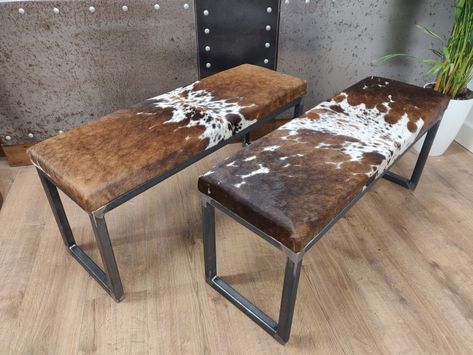 CUSTOM-MADE / BESPOKE Cowhide Topped Steel Bench / Ottoman - Etsy Cowhide Upholstery, Modern Dining Bench, Cowhide Bench, Cowhide Decor, Steel Bar Stools, Cowhide Ottoman, Cowhide Chair, Cowhide Furniture, Dining Table Height