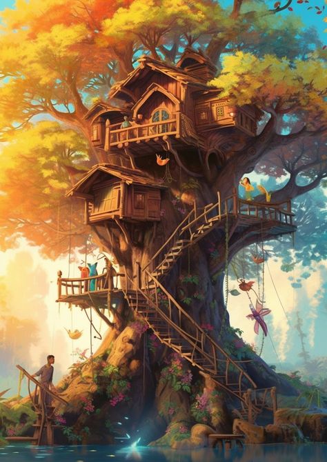 Download Free Mobile Phone Wallpaper Tree House Tree House Fantasy Art, Tree House Art, Phone Wallpaper Autumn, Tree House Wallpaper, Fantasy Tree House, Tree House Drawing, Wallpaper Tree, Forest Houses, Wallpaper S