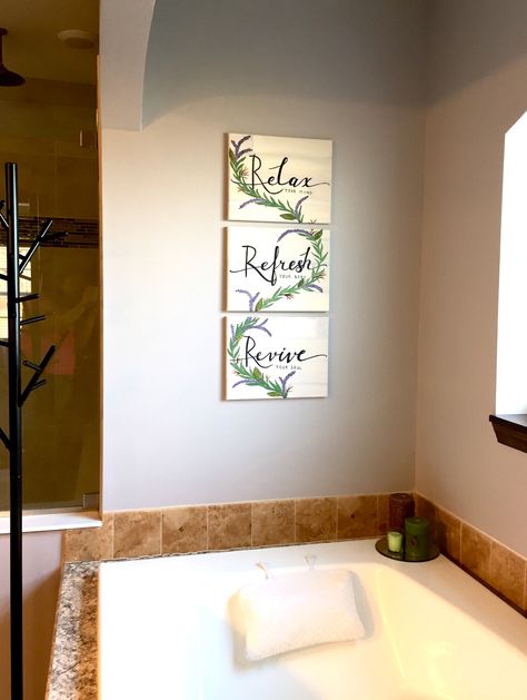 Bathroom decor. Lavender. Relax. Refresh. Revive. Acrylic painting. Bathroom Painting Ideas Canvas, Summer Chalkboard Art, Bathroom Paintings, Bathroom Canvas Art, Beach Wall Murals, Bathroom Canvas, Octopus Wall Art, Bathroom Upgrade, Serene Bathroom