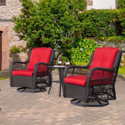 Winston Porter Patio Wicker Swivel Glider Chair 3-piece Set is completed with a coordinating side table. Experience the perfect blend of style and functionality as you immerse yourself in the luxurious comfort of these swivel glider chairs. With a remarkable 360-degree rotation feature, the constraints of space and direction fade away, granting you the freedom to pivot without limits. The seamless back-and-forth glide motion adds an extra layer of soothing tranquility to your outdoor oasis Cushi Brown Outdoor Furniture, Swivel Rocking Chair, Curved Table, Swivel Glider Chair, Rocking Chair Set, Outdoor Bistro Set, Outdoor Wicker Furniture, Patio Balcony, Swivel Chairs