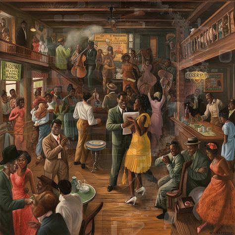 Juke Joints Party Theme, Gathering Aesthetic, Lounge Art, American Club, Juke Joints, The Great Migration, African American Culture, Afrocentric Art, Black Art Painting