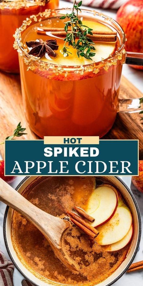 You are going to love this hot Spiked Apple Cider recipe. Prepared with warm spices, full-bodied apple cider, a hint of caramel and citrus, and a kick of rum, this drink will be the star of every holiday soiree. Spiked Cider Recipes, Hot Cider Recipes, Hot Apple Cider Cocktail, Spiced Cider Recipe, Spiked Apple Cider Recipe, Hot Apple Cider Recipe, Spiked Cider, Apple Cider Drink, Sweet Cocktail