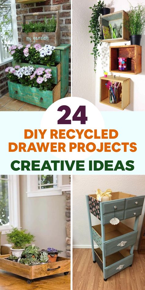 Transform your home decor with these inventive DIY recycled drawer projects that breathe new life into old drawers. Repurpose a drawer into a trendy wall shelf by adding brackets and a fresh coat of paint, offering a unique storage space for books, plants, or décor items. Give your pet a cozy retreat by turning a drawer into an adorable bed with a cushion and your favorite color. Create a vintage serving tray by affixing handles to the sides and embellishing it with stencils or decoupage. Drawer Projects, Recycled Garden Planters, Small Flower Gardens, Under Bed Storage Boxes, Pebble Garden, Trending Crafts, Vintage Serving Trays, Old Drawers, Easy Easter Decorations