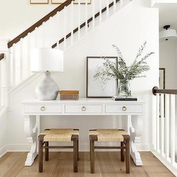 Under Staircase Console Table Design Ideas Bria Hammel, Millwork Wall, Farm Road, White Console Table, Console Table Design, Stone Lamp, Stair Case, Entrance Foyer, Entry Hall