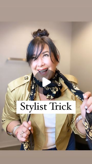 Danielle Gilbert | FASHION STYLIST on Instagram: "Stylist Trick Saturday ______  I have gotten a lot of questions on how I tied my scarf from my LIVE awhile back. I have shared this little trick before, but  since you asked I thought let’s share again.   NOTE: To create this flower 🌸 the scarf has to be square. You can also use a smaller square scarf for a smaller flower.   Will you give this trick a try?   ✨SHARE this trick with your friends. ✨SAVE this reel for later so you can give it a try. ✨FOLLOW me for more styling tips and tricks!   🛍️Comment the word “LINKS” and I will send you the link to shop my scarf and my live.   #dgstylist #nordstromstyling #nordstromstylist #styletip #styletricks #scarfseason #howtotieascarf" How To Tie A Rosette Scarf, How To Tie A Large Square Silk Scarf, Small Square Scarf Tying, Tying A Square Scarf, Large Square Scarf Tying Ideas, How To Tie A Square Scarf, How To Tie A Scarf Around Your Neck, How To Tie A Scarf, Small Scarf Tying