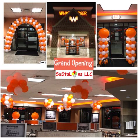 Grand opening for WhatABurger; balloon arch & columns; & ceiling decor New Office Opening Party Decoration, Office Opening Balloon Decoration, Gym Grand Opening Party Ideas, Gym Balloon Decoration, Office Balloon Decoration Ideas, Restaurant Grand Opening Party Ideas, Grand Opening Ideas Business Decorations Balloons, Gym Grand Opening Ideas, Shop Opening Decoration Ideas Balloons