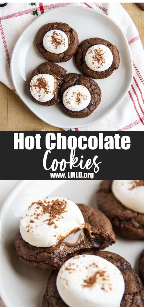 These hot chocolate cookies are like a cup of hot cocoa in cookie form, with a soft, rich, chocolate cookie topped with melted chocolate and a gooey marshmallow! Just like your favorite cup of hot chocolate! Aesthetic Hot Chocolate, Hot Chocolate Ideas, Hot Chocolate Aesthetic, Hot Chocolate Cookie Recipes, Chocolate Aesthetic, Hot Chocolate Design, Hot Chocolate Fudge, Design Chocolate, Drinks Healthy