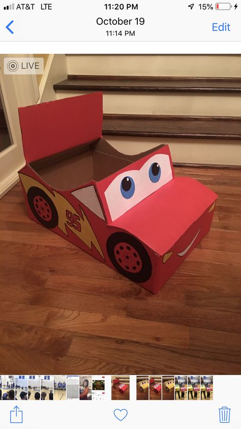 Cardboard Box Racing Car, Cardboard Box Lightning Mcqueen, Lighting Mcqueen Cardboard Box Car, Lightning Mcqueen Box Car, Lightning Mcqueen Cardboard Car, Car Box Ideas For Kids, Box Car Ideas Cardboard, Lightning Mcqueen Craft, Lightning Mcqueen Valentines Boxes