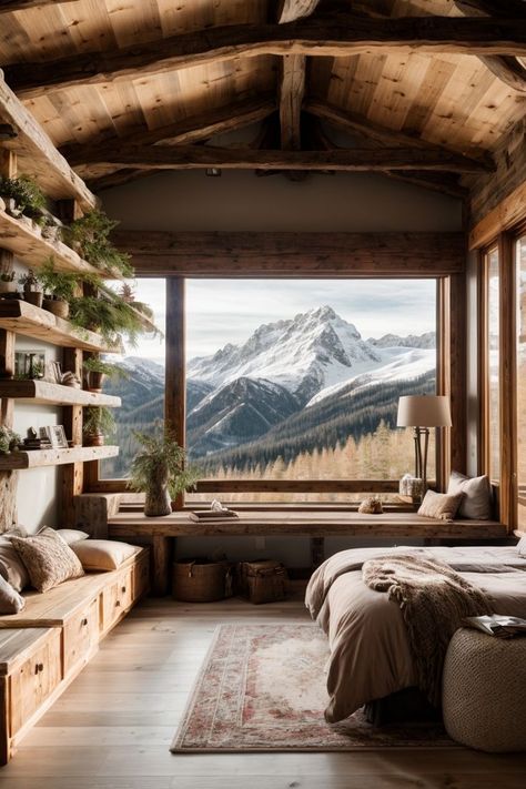 Woodsy Bedroom Ideas Rustic, Montana Bedroom Ideas, Woodsy House Interior, Mountain Cottage Interiors, Mountain Cabin Bedroom, Cabin Interiors Cozy, Modern Mountain Bedroom, Mountain Homes Interiors, Mountain Cabin Interior