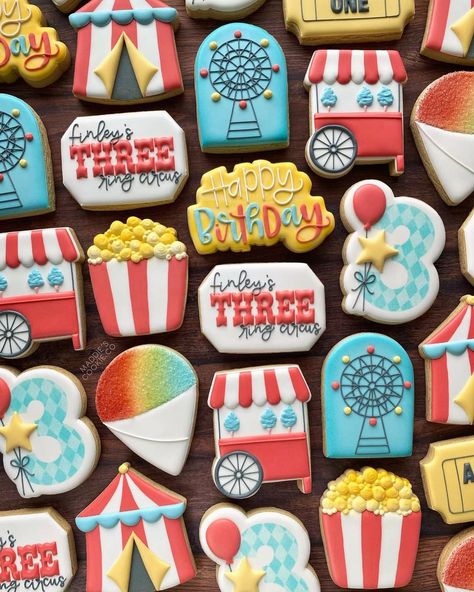 Third Birthday Carnival Theme, Circus Decorated Cookies, Carnival Theme Cookies Decorated, Circus Themed Cookies, 3 Ring Circus 3rd Birthday Party, Circus Cookies Decorated, 3 Ring Circus Birthday Party, Three Ring Circus Birthday Party, Carnival Cookies