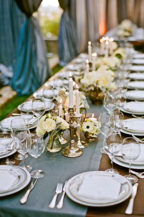 Brass candlesticks and containers look lovely in this backyard wedding tablescape. Ojai Wedding, Candle Sticks Wedding, Gold Candle Sticks, Weddings By Color, Cute Wedding Dress, Elegant Dinner, Pretty Tables, Event Planning Design, Long Table