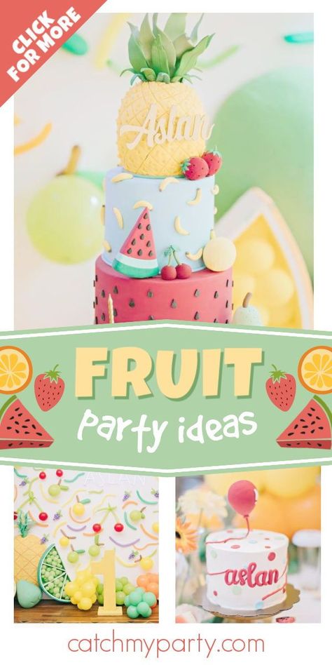 Check out this colorful fruit-themed birthday party! The balloon backdrop is amazing! See more party ideas and share yours at CatchMyParty.com #catchmyparty #partyideas #fruit #tuttifrutti #fruitparty #1stbirthdayparty #1stbirthday Twoty Fruity Birthday Party, Party Food For Adults, Fruit Birthday Party, Fruit Birthday, Girls Birthday Party Themes, Birthday Souvenir, Birthday Drinks, Fruit Party, Birthday Party Activities