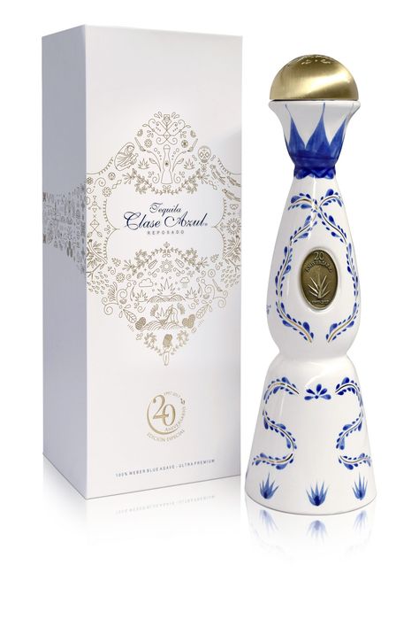 Tequila Clase Azul Limited Edition 20th Anniversary Bottle. Tequila Clase Azul celebrates 2 decades of sharing with the world their authentic Mexican roots. And to celebrate, Clase Azul, launches its tequila Anniversary edition, a collectible piece. Blue And White Tequila Bottle, Azul Tequila Bottle, Azul Tequila, Blue Tequila, Mexican Tequila, Pretty Alcoholic Drinks, Tequila Bottle, Bubbly Bar, Bistro Food