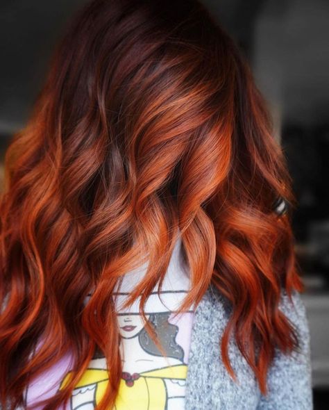 Hot Auburn Hair with Chocolate Crown Copper Hair Orange Highlights, Red And Brown Ombre Hair, Auburn Copper Balayage, Bright Copper Balayage, Copper Red Hair Color Balayage, Edgy Red Hair, Copper Red Balayage, Dark Copper Balayage, Auburn Hair Colors