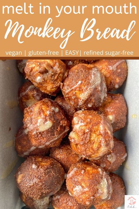 Yeast free, vegan, gluten-free! And so easy! This gluten-free monkey bread recipe will be your new go to breakfast recipe for Christmas morning or for any morning! These cinnamon spheres of gooey deliciousness are homemade with no bundt pan needed! The recipe tells you all the easy steps for how to make them too! #monkeybread #glutenfreerecipes #glutenfreebreakfast #christmasbreakfast Gluten Free Monkey Bread Recipe, Gluten Free Monkey Bread, Monkey Bread Recipe, Pain Sans Gluten, Gf Baking, Gluten Free Recipes For Breakfast, Desserts Vegan, Vegan Gluten Free Recipes, Gluten Free Sweets