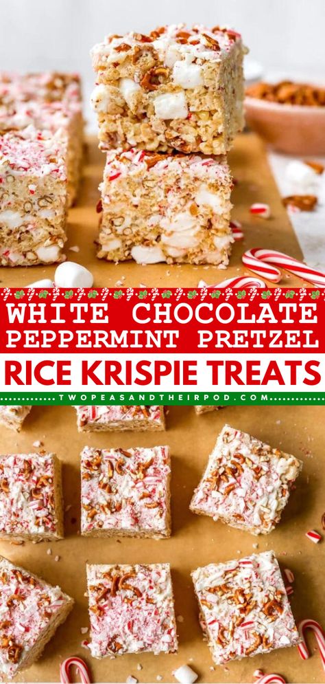 These White Chocolate Peppermint Pretzel Rice Krispie Treats are easy Christmas treats loaded with marshmallows, pretzels, white chocolate, and candy cane pieces. It's the best Christmas dessert recipe for the kids! Holiday Rice Krispy Treats, Candy Cane Rice Crispy Treats, Christmas Rice Crispy Treat Ideas, Christmas Candies And Treats, Chewy Rice Krispie Treats, Christmas Rice Crispy Treats, Krispie Treats Christmas, Cookies 2023, Peppermint Pretzel