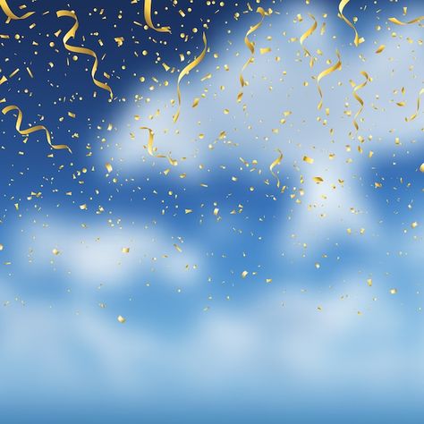 Free vector gold confetti on blue sky ba... | Free Vector #Freepik #freevector #ribbon-background #confetti-background #confetti #glitter-background Gold Confetti Background, Sky Background Illustration, Clouds Party, Confetti Background, Gold Glitter Confetti, Cake Writing, Balloon Illustration, Sparkles Background, Nature Clouds