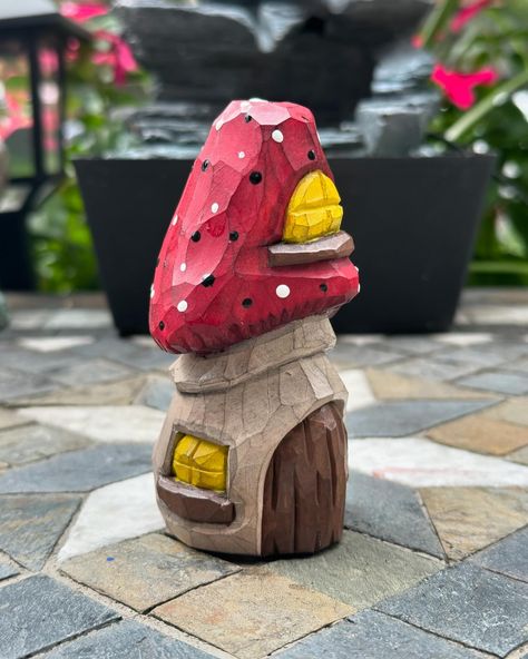 This mushroom fairy house is now available on my Etsy shop! Link in the bio. Do you think I should carve more of these? #wood #woodcarving #handcarved #whittling #fairyhouse #mushroomhouse #flexcut #pfiel #whimsical Mushroom Carving, Mushroom Fairy, Mushroom House, Thanksgiving Christmas, Whittling, Fairy House, Wood Carving, Hand Carved, Woodworking