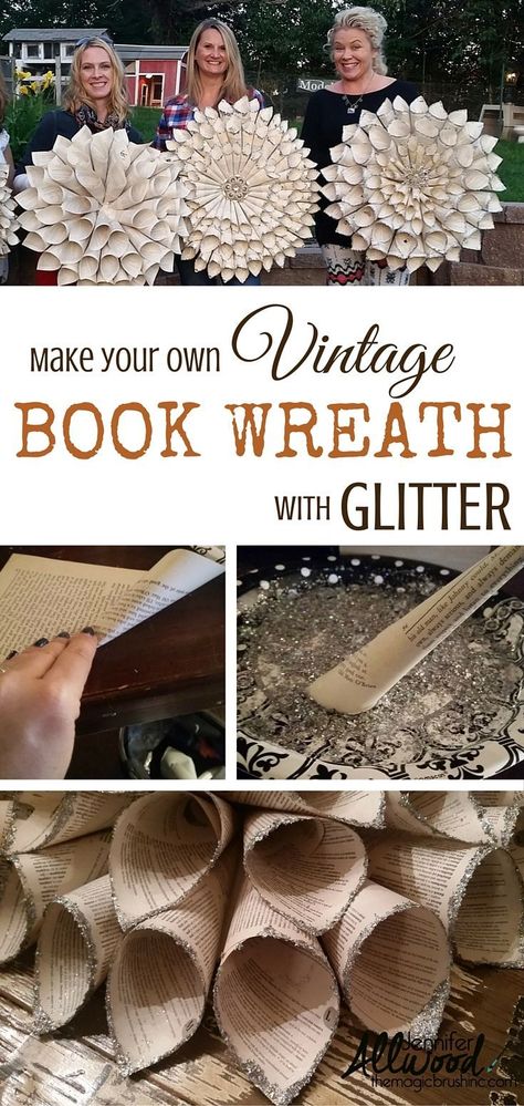 How to make Vintage Book Wreath by the Magic Brush Inc. #crafty #crafts #diy Craft Night Party, Book Wreath, Girls Night Crafts, Book Page Crafts, Paper Wreath, Craft Night, Upcycled Crafts, Crafts For Girls, Old Books