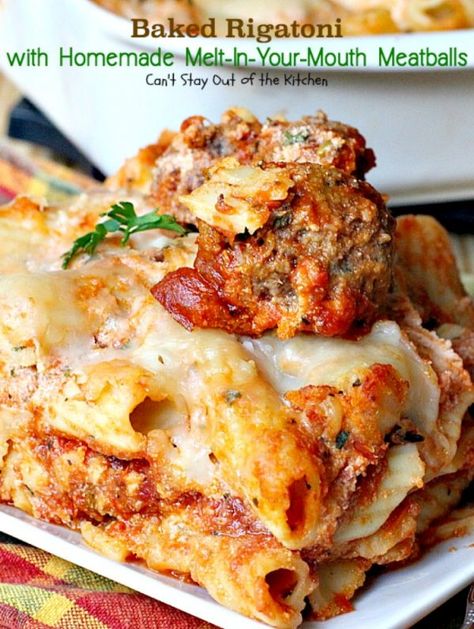 Italian Entrees, Meatballs Recipes, Eating Pasta, Rigatoni Recipes, Italian Meals, Baked Rigatoni, Tummy Yummy, How To Cook Meatballs, Homemade Meatballs