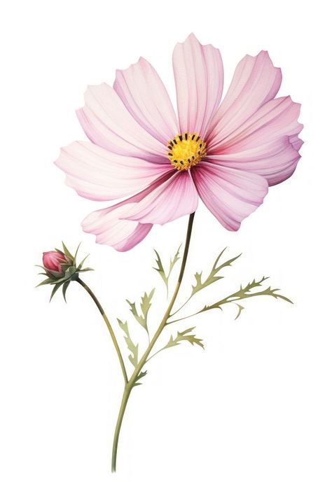 Watercolor cosmos flower blossom petal plant. | premium image by rawpixel.com / Darakoon Jaktreemongkol Cosmos Flower Botanical Illustration, Watercolor Cosmos Flower, Green Art Projects, Watercolor Cosmos, Cosmos Illustration, Cosmo Flower, Plant Watercolor, White Cosmo, About Rose