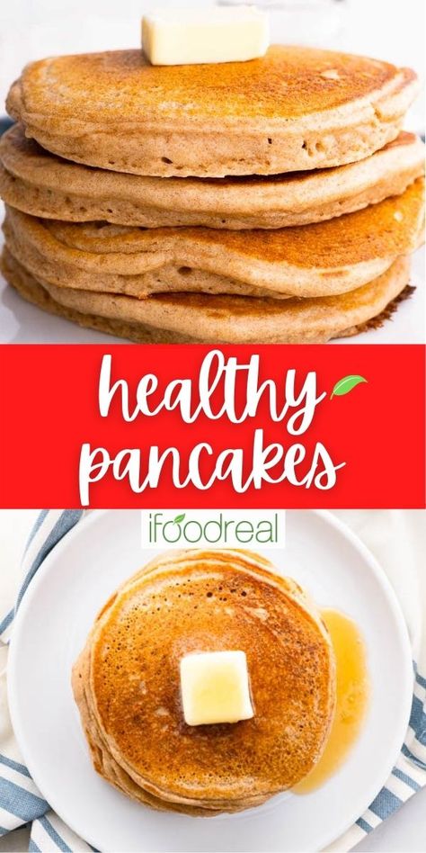 Discover how to make a batch of fluffier-than-ever Healthy Pancakes with whole wheat (or spelt) flour, no refined sugar and no buttermilk. The easiest homemade pancakes with simple wholesome ingredients. Easy Pancake Recipe Without Milk, Pancake Recipe Without Milk, Healthy Pancake Recipes Easy, Healthy Pancakes Easy, Wheat Flour Recipes, Easy Homemade Pancakes, Healthy Pancake, Homemade Pancake Recipe, Whole Wheat Pancakes