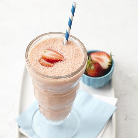 Strawberry-Banana Protein Smoothie Strawberry Banana Protein Smoothie Recipe, Smoothie Recipes For Diabetics, Fresh Fruit Smoothie Recipes, Healthy Protein Smoothies, Lower High Blood Pressure, Smoothie Bowl Recipe Healthy, Banana Protein Smoothie, Recipes For Diabetics, Fresh Fruit Smoothies