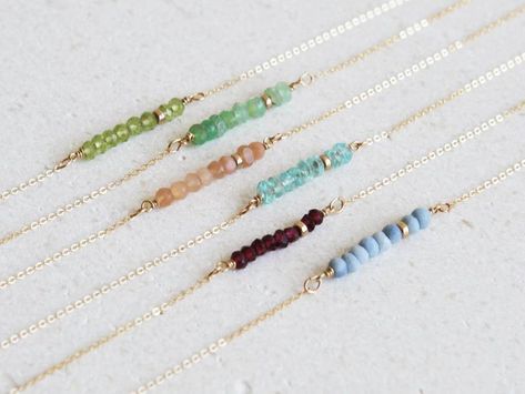 Dainty Beaded Necklace/ Birthstone Bar Necklace/ Layering | Etsy Rondelle Necklace, Necklace Model, Bead Bar, Necklace Birthstone, Jewelry Appraisal, Necklace Layering, Birthstone Bracelets, Bar Bracelets, Solid Gold Jewelry